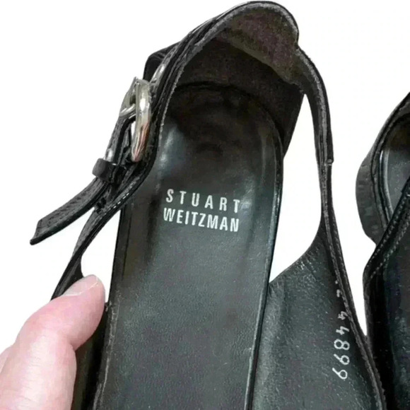 Stuart Weitzman Chit  Chat Flats Peep Toe Patent Leather Black Silver Women's 9 - Picture 11 of 16
